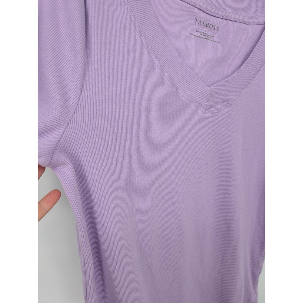 Talbots V-Neck Top Womens Large Purple Ribbed Short Sleeve Cotton Blend Stretch - Picture 2 of 6